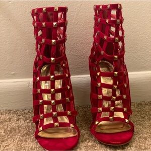 Red Faux Suede Gold Studded Caged Stiletto